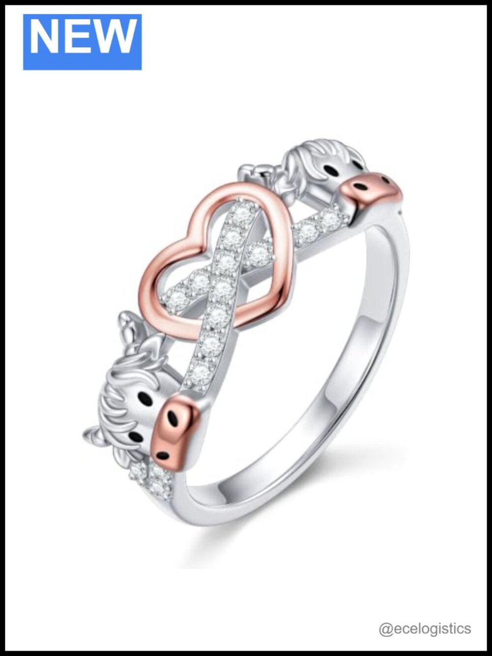 S925 Sterling Silver Highland Cow Infinity Heart Ring Size 7
